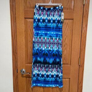 LILY STAR Women's M Geometric Tie Dye Multi Color Front/Back Slit Long Skirt NWT